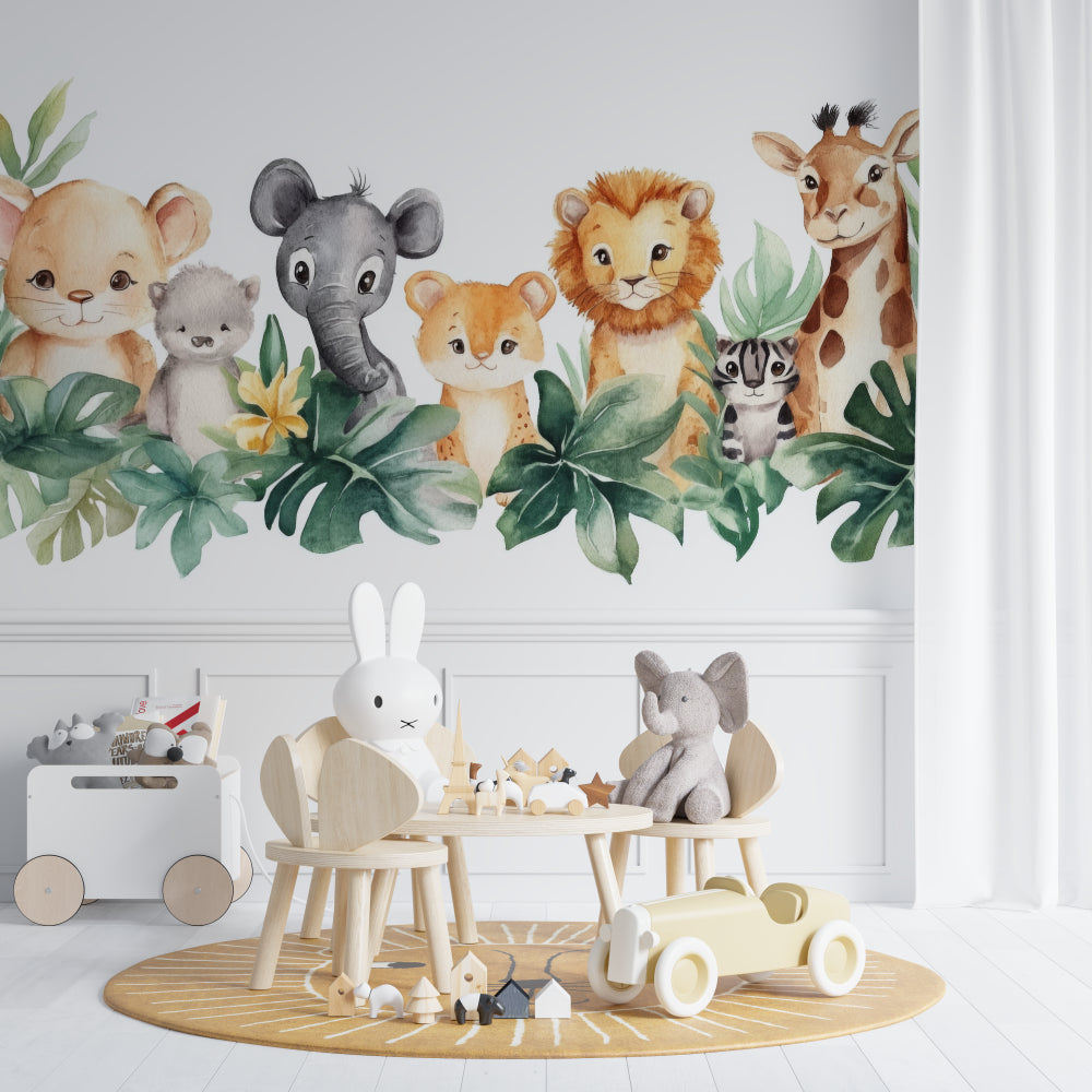 Safari Animals Wallpaper in modern children's room with natural lighting