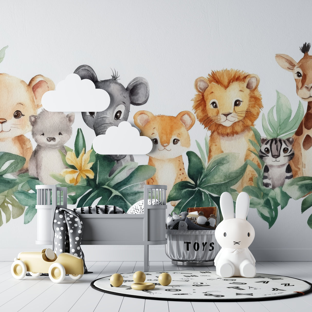 Jungle Animals Mural in reading nook showing detailed watercolor artwork