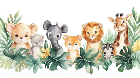 Watercolor Safari Animals design file showing full pattern with jungle friends and tropical leaves