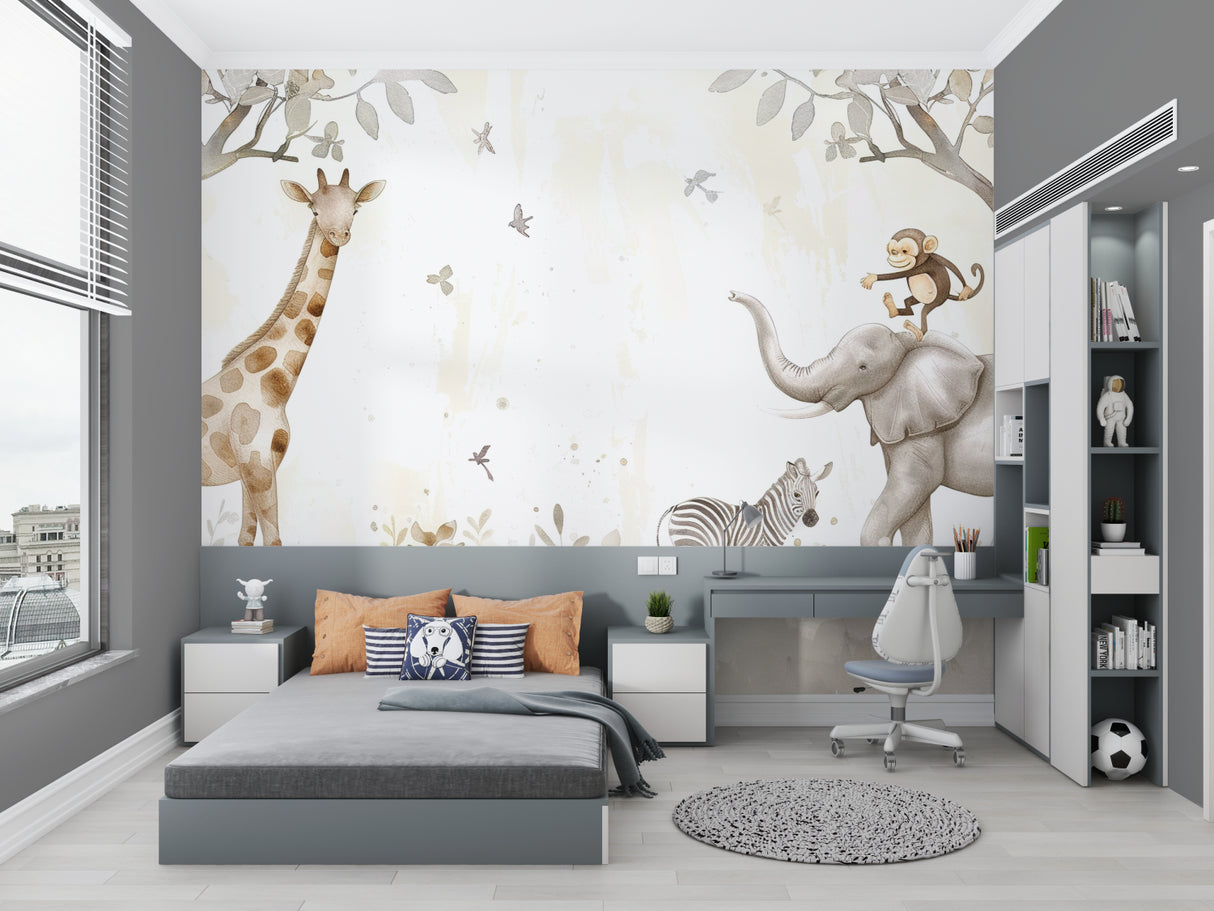 Watercolor jungle friends mural creating a cozy reading corner in a children's bedroom