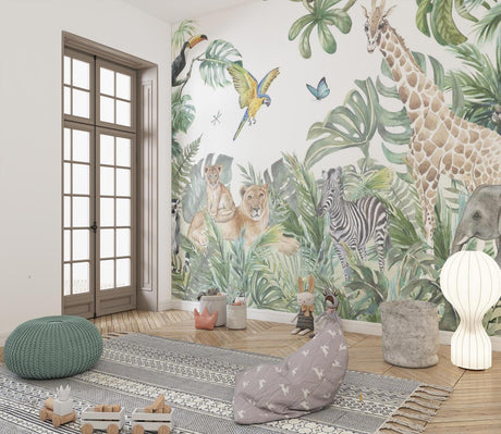 Safari animals wallpaper creating a cozy reading nook in a modern nursery with soft natural lighting