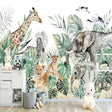 Safari Animals Wallpaper creating a magical atmosphere in a modern nursery with white furniture