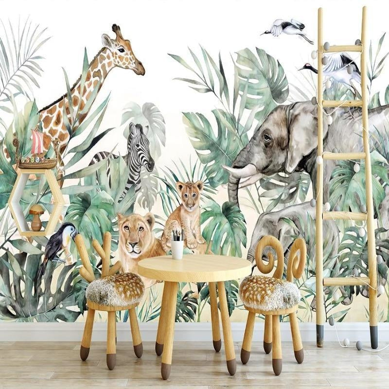 Watercolor Safari Wallpaper bringing life to a kids playroom with natural light