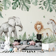 Safari Animals Wallpaper in bright nursery with white furniture showing watercolor elephants and monstera leaves