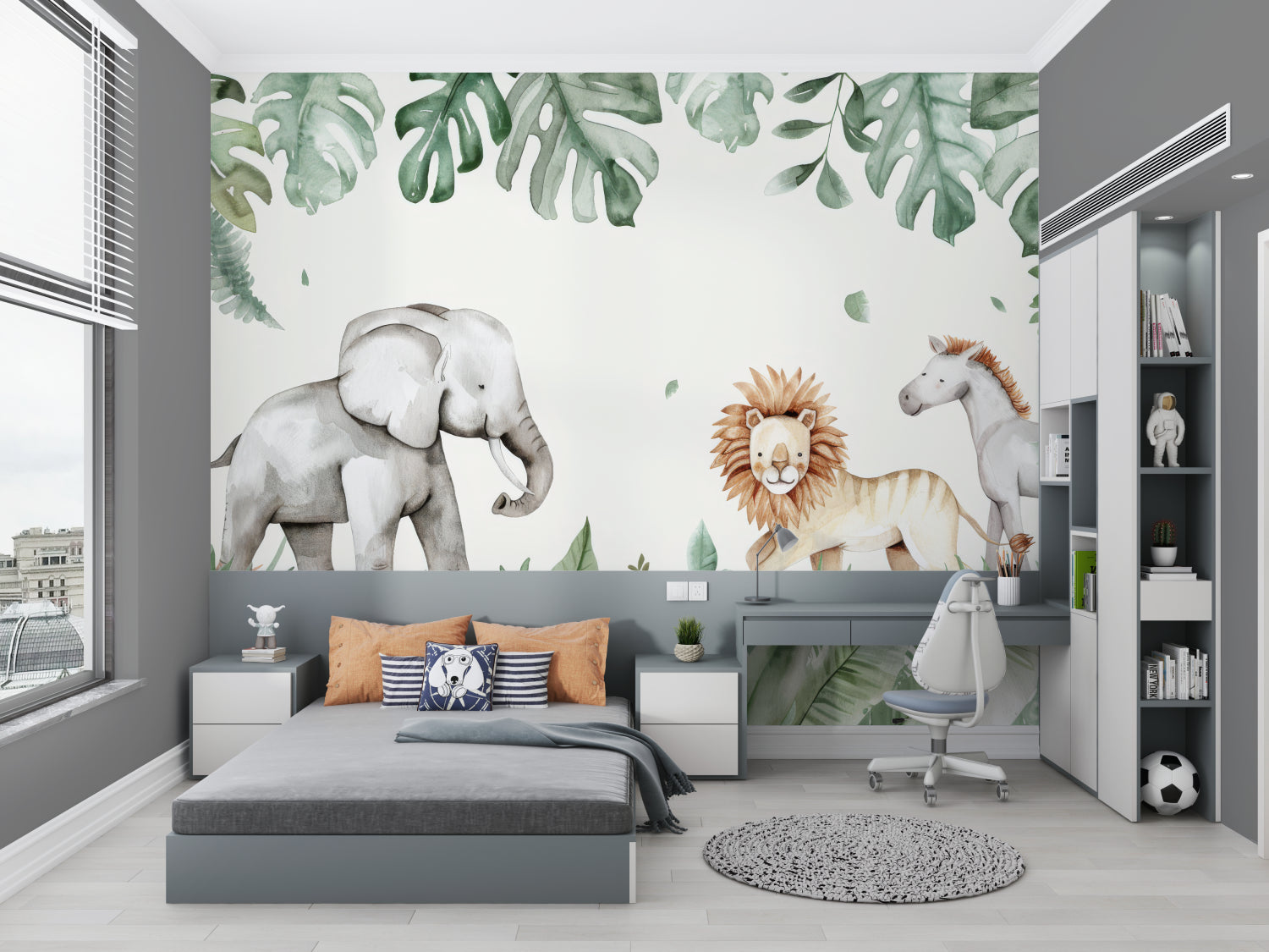 Kids bedroom featuring Safari Animals Mural with playful lions and tropical leaves