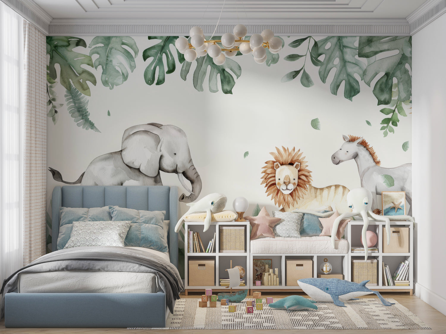 Reading nook with Safari Animals Mural creating cozy jungle atmosphere