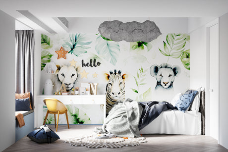 Safari animals wallpaper in bright nursery showing lions and zebra, perfect for creating a playful atmosphere