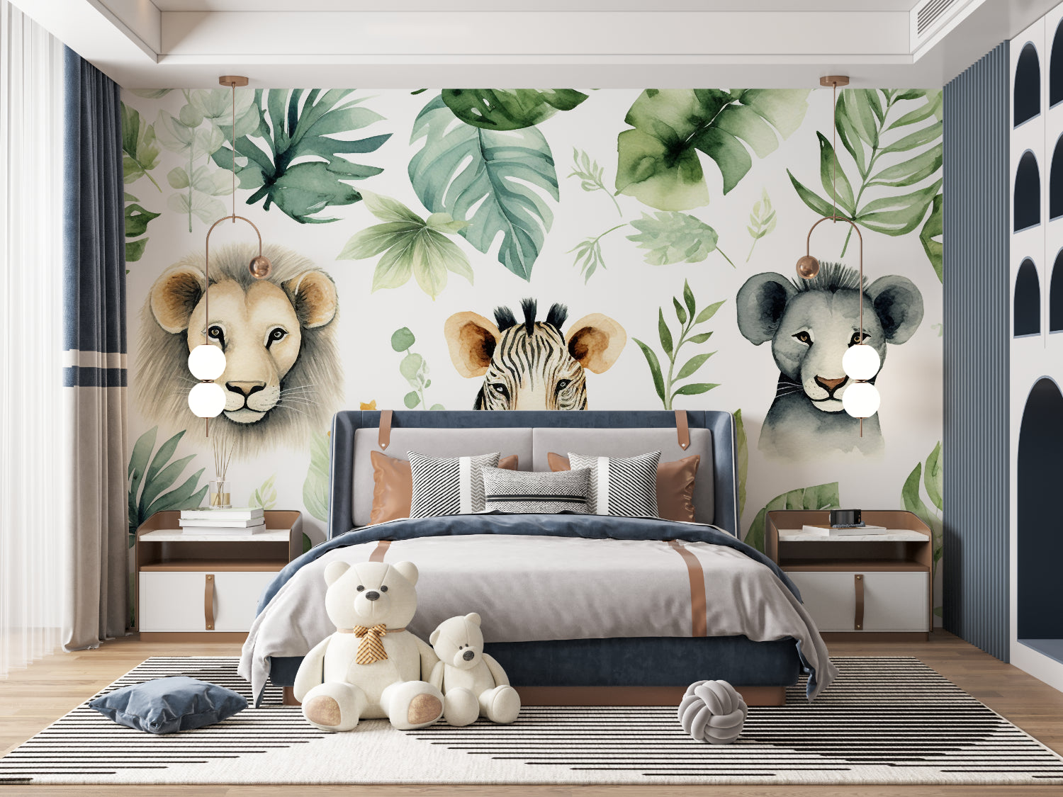 Safari wallpaper in playroom setting highlighting the watercolor lions and tropical leaves