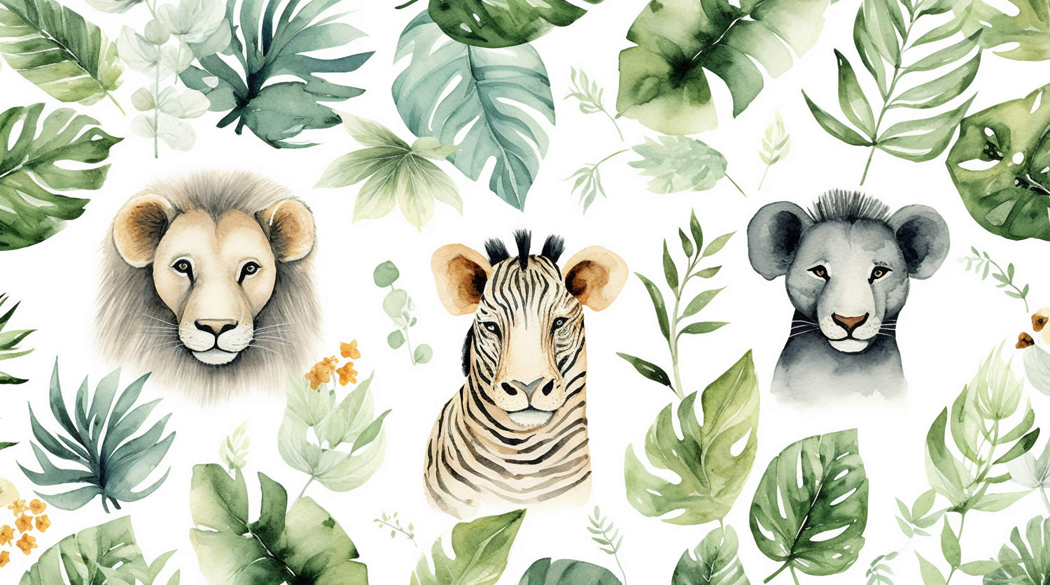 Safari animals wallpaper design file showing detailed watercolor lions, zebra and tropical leaves pattern