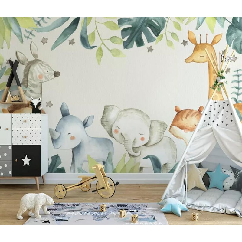 Watercolor Safari Wallpaper creating focal wall in cozy reading nook