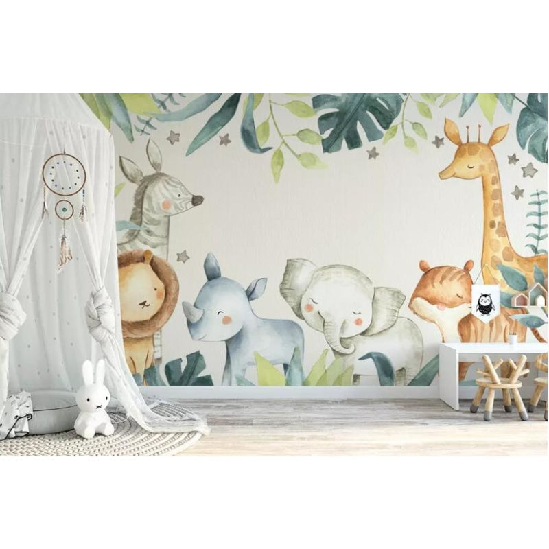 Safari Animal Mural in playroom with wooden toys and soft furnishings