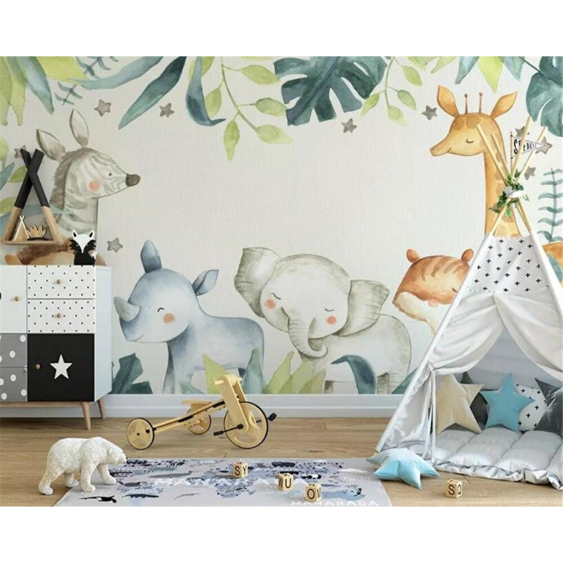 Watercolor Animals Mural in minimalist nursery with rocking chair