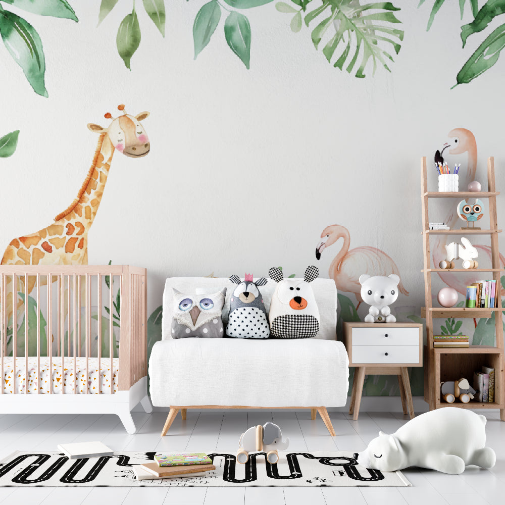 Safari Animals Wallpaper in cozy nursery with white crib and natural lighting