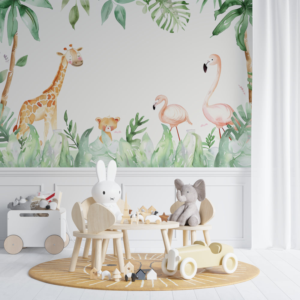 Watercolor Safari Wallpaper creating focal point in modern playroom