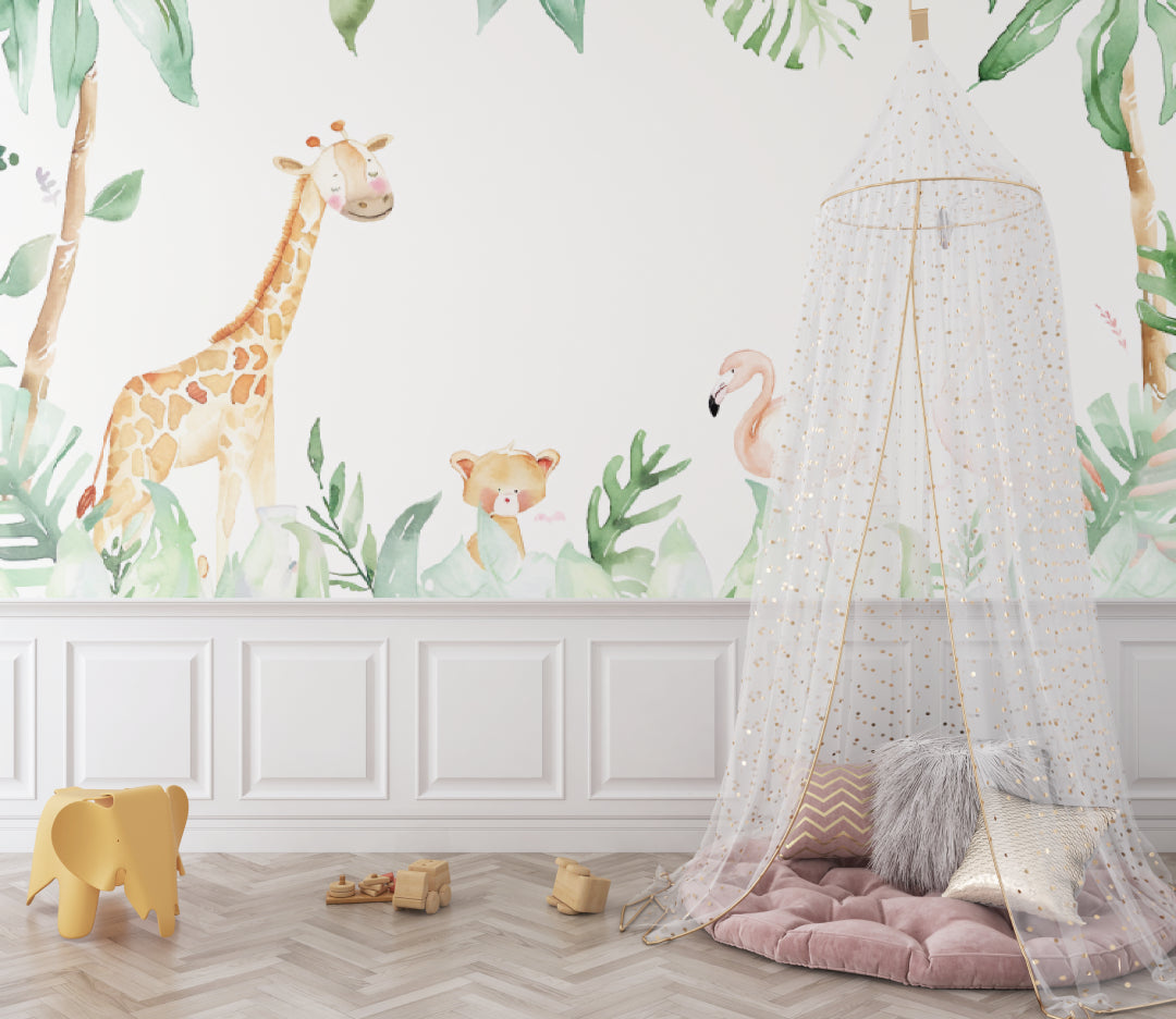 Watercolor Animal Wallpaper in baby bedroom with natural decor
