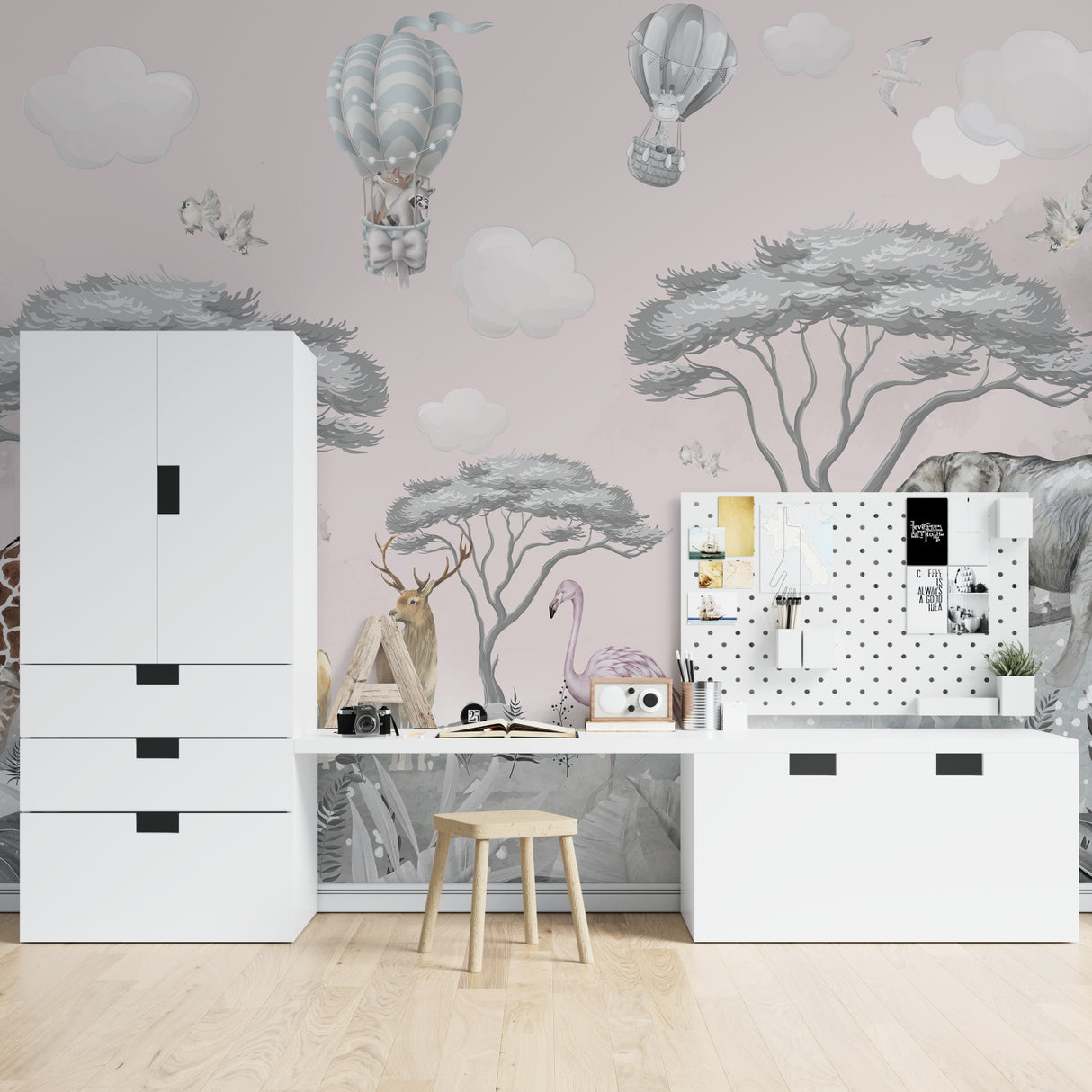 Safari nursery wallpaper with elephants and hot air balloons creating a dreamy atmosphere in a modern nursery