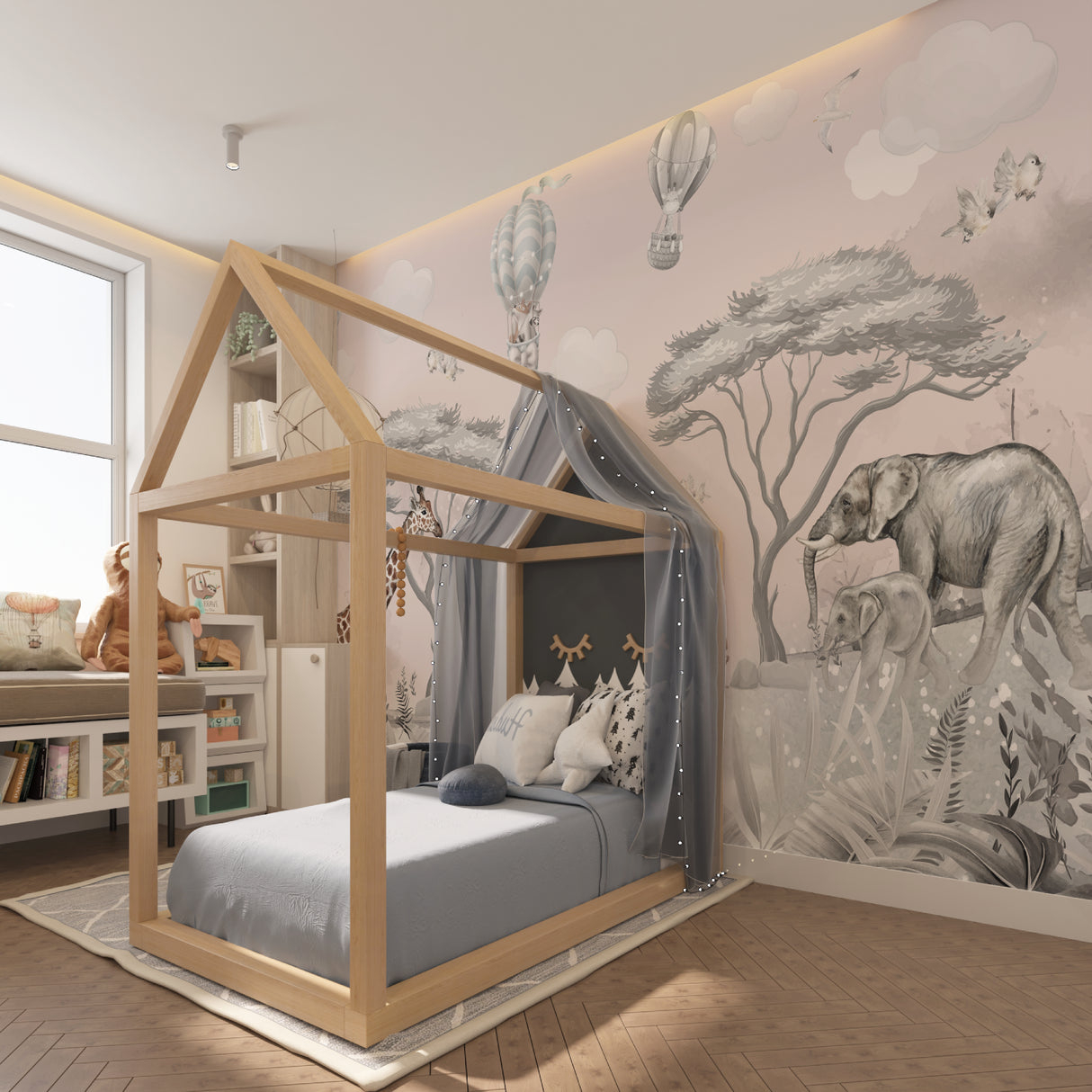Kids safari mural bringing adventure to a cozy reading nook with soft lighting