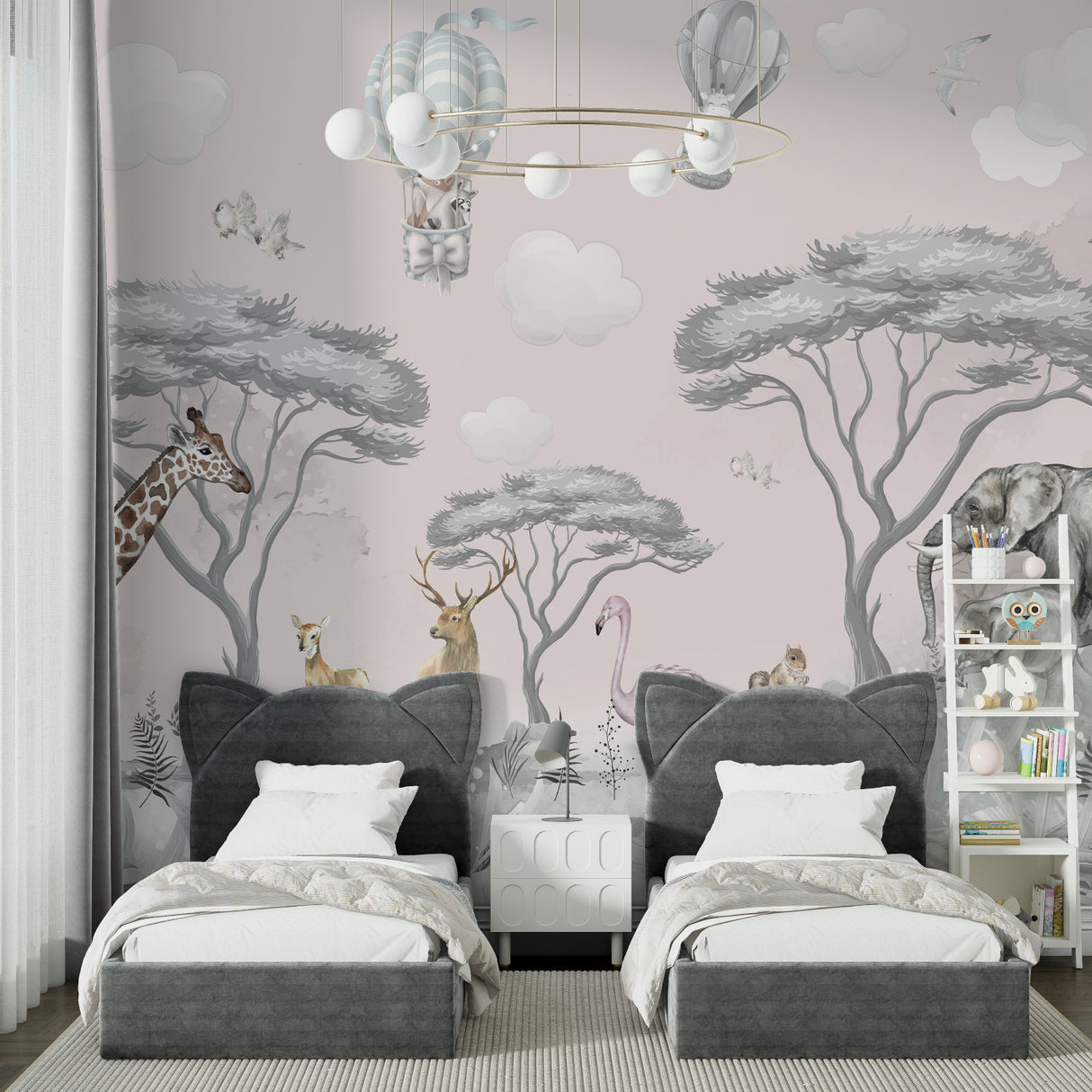 Playroom transformed with safari nursery wallpaper featuring gentle elephants and pastel balloons