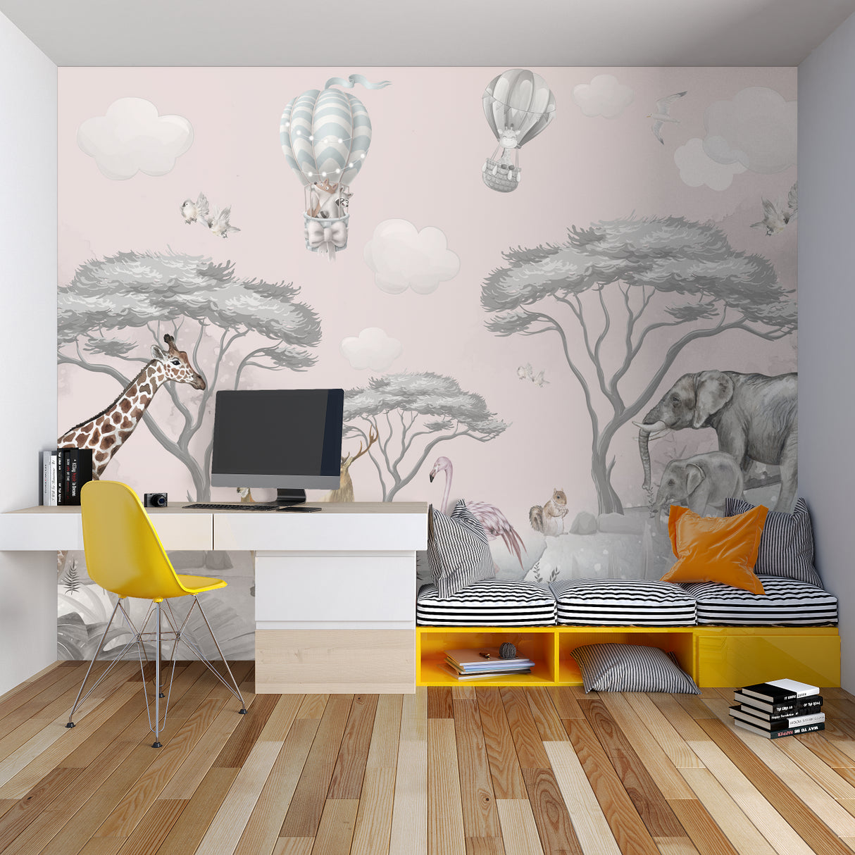 Safari themed children's bedroom with pink hot air balloon wallpaper creating magical atmosphere