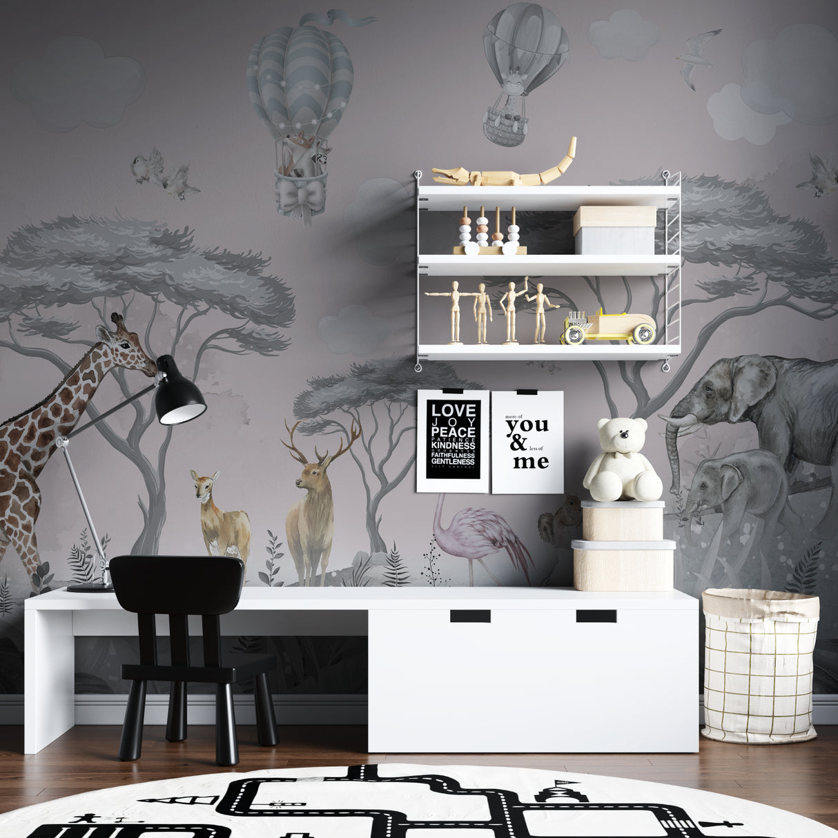 Toddler's bedroom featuring safari adventure wallpaper with dreamy pastel color scheme