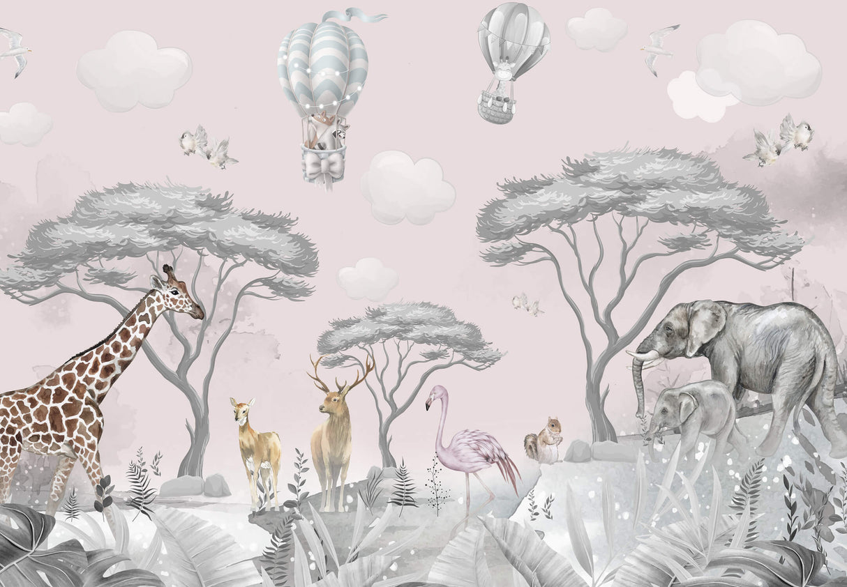 Safari nursery wallpaper design file showing detailed pattern of elephants and floating hot air balloons
