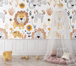 Safari Lion Wallpaper in bright nursery with white furniture and natural light