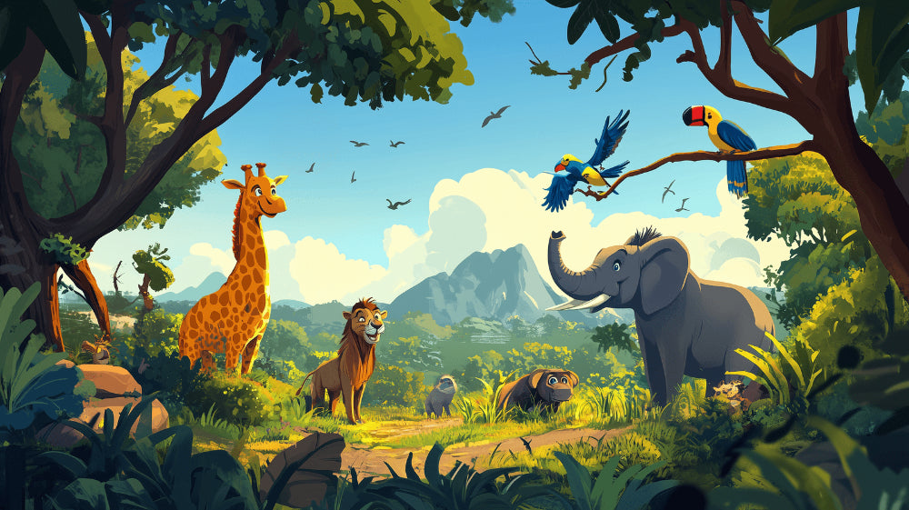 Safari animals wallpaper bringing life to a bright nursery, with giraffe and elephant characters creating a playful atmosphere