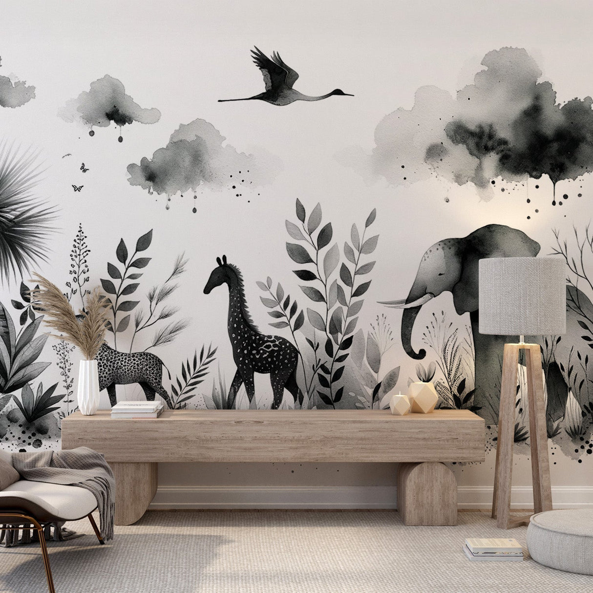 Black and white safari animal wallpaper creating a peaceful atmosphere in a modern living room with minimal furniture