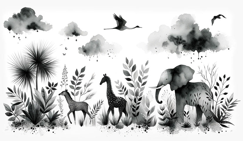 Safari animals watercolor wallpaper design file showing detailed black and white pattern with elephants and giraffes