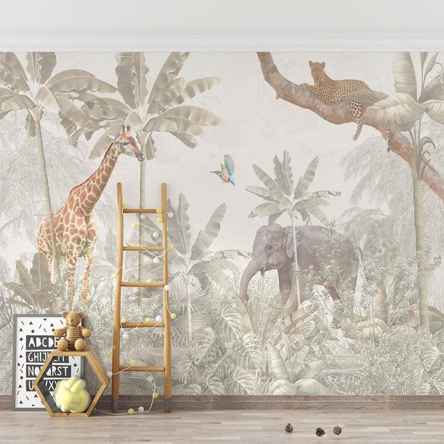 Safari wallpaper creates cozy atmosphere in modern nursery with neutral furniture and natural light