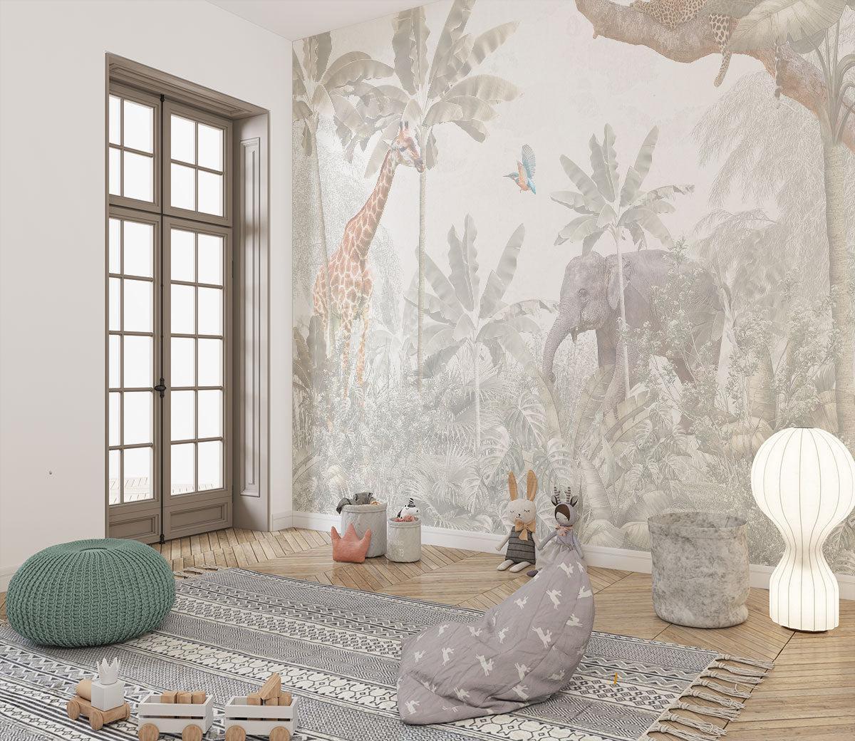 Beige jungle mural adds warmth to minimalist living room with safari animals theme