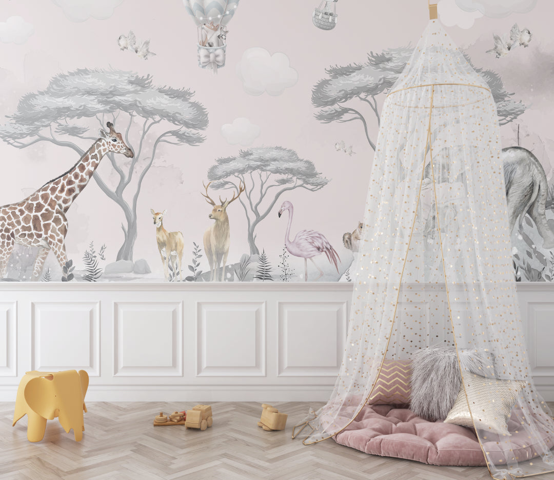 Dreamy safari mural displayed in a baby girl's nursery with natural light
