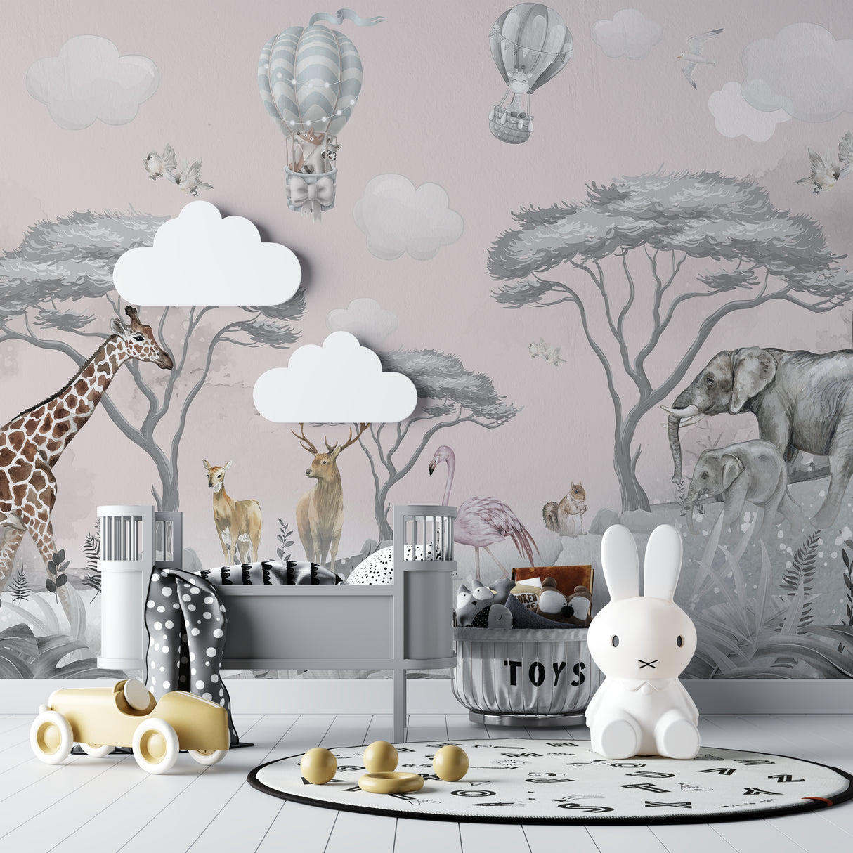 Safari animal wallpaper featured in a reading nook with comfortable seating