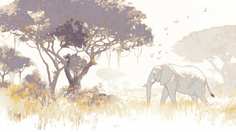 Elephant savanna wallpaper design file showing intricate details and misty golden landscape