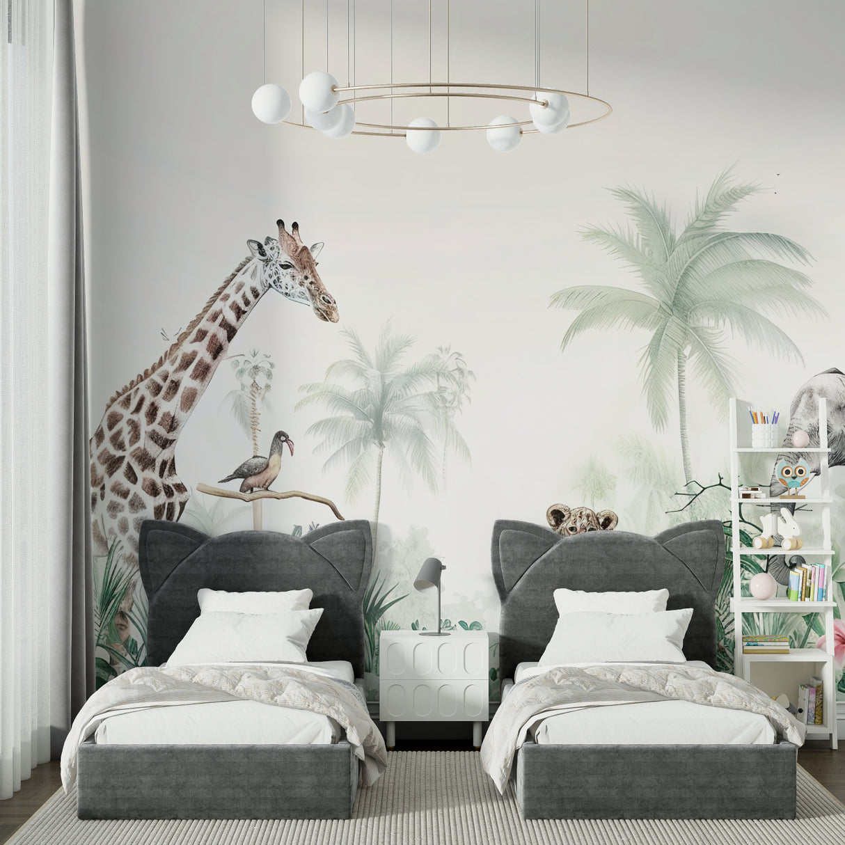 Safari animal wallpaper in cozy nursery showing gentle giraffe and palm trees design