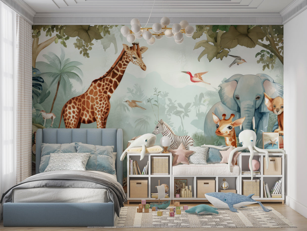 Safari animal wallpaper in bright nursery with white furniture showing peaceful giraffe and elephant scene