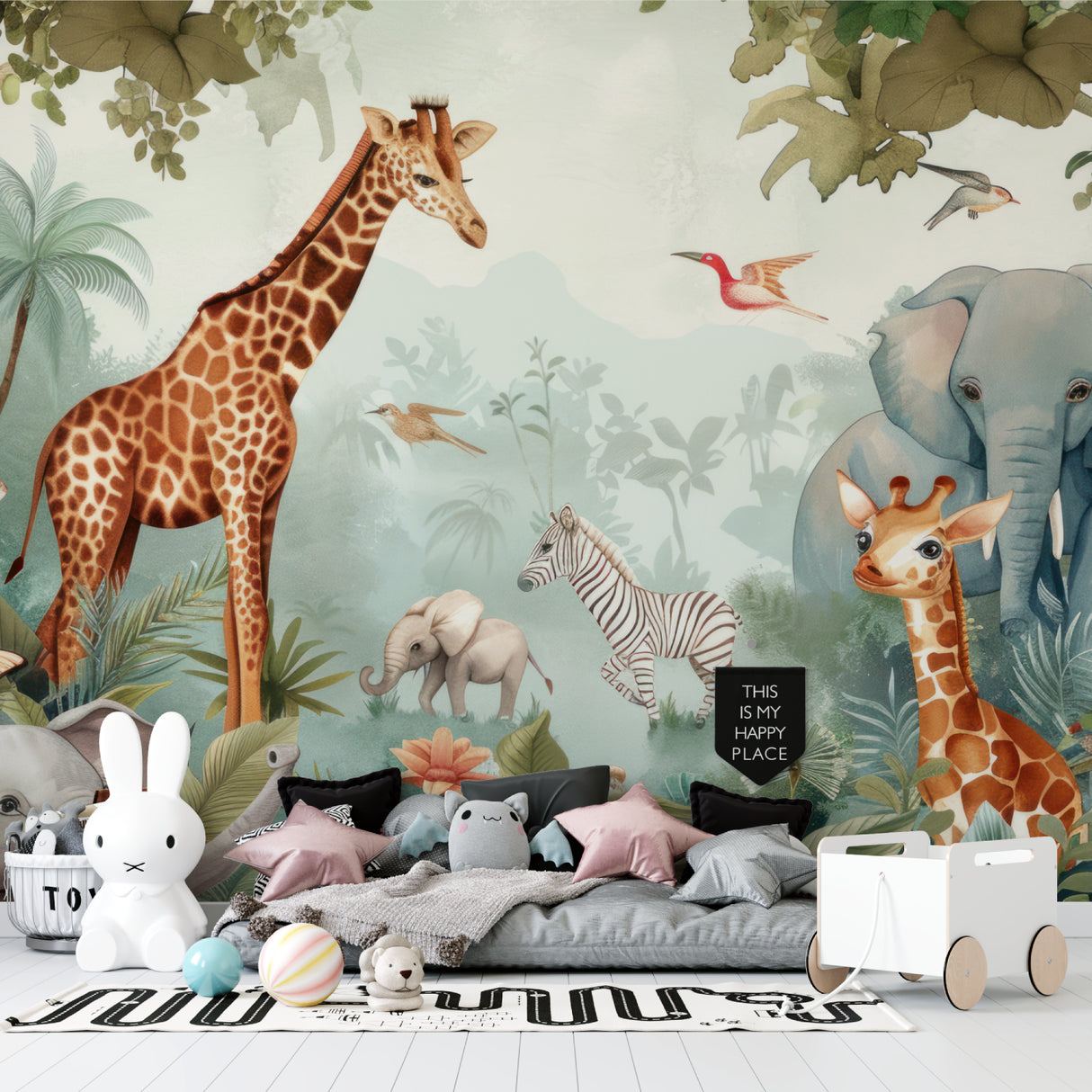 Jungle animals mural in kids playroom featuring soft colored wildlife and palm trees