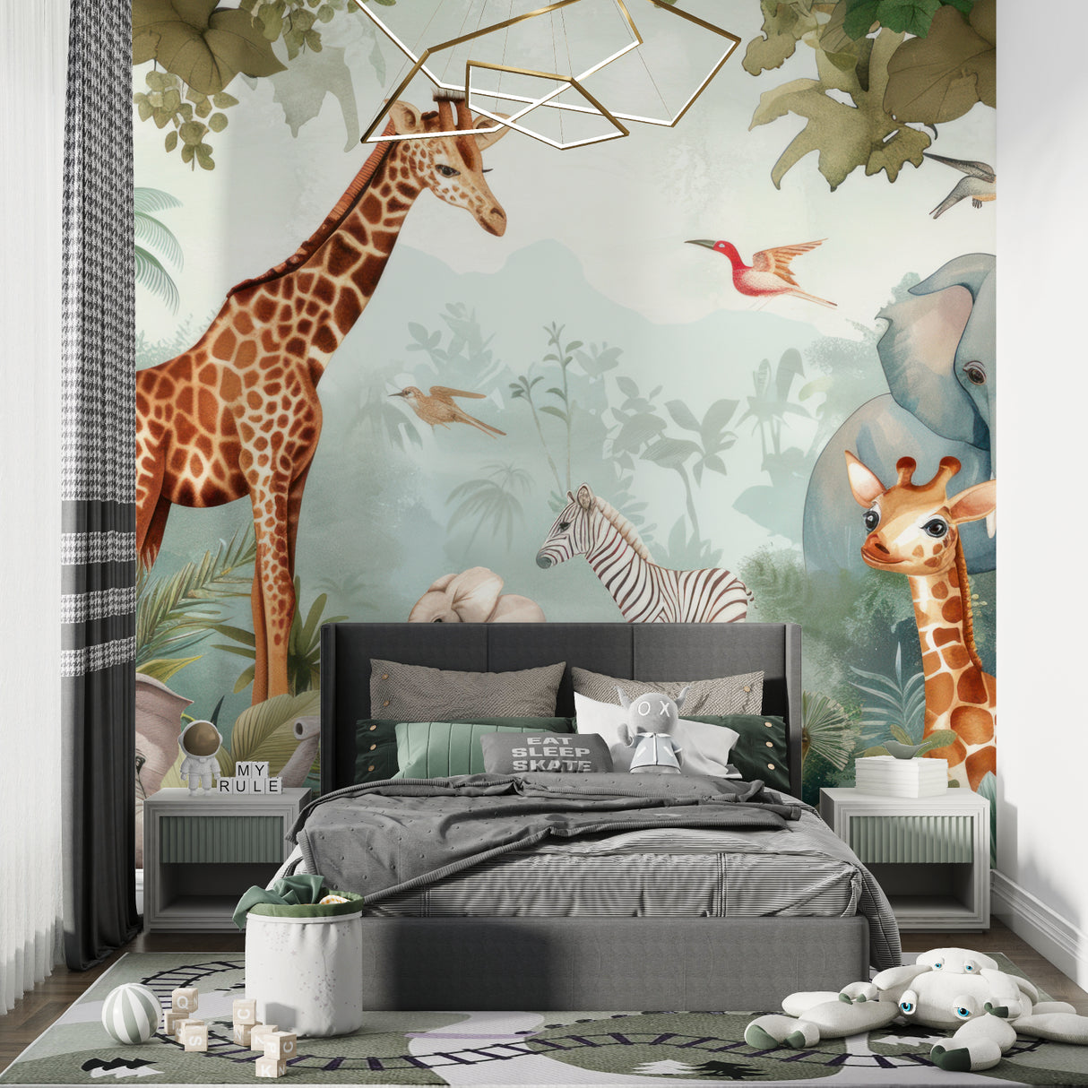 Safari wallpaper mural in reading corner with comfy chair and gentle animal designs