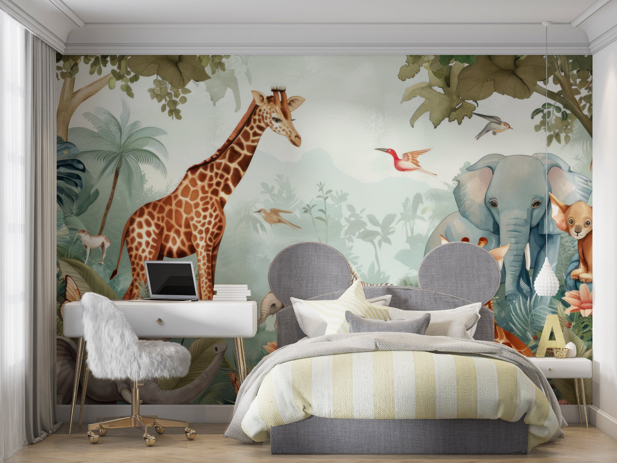 Wildlife mural wallpaper in modern bedroom showing full wall safari scene