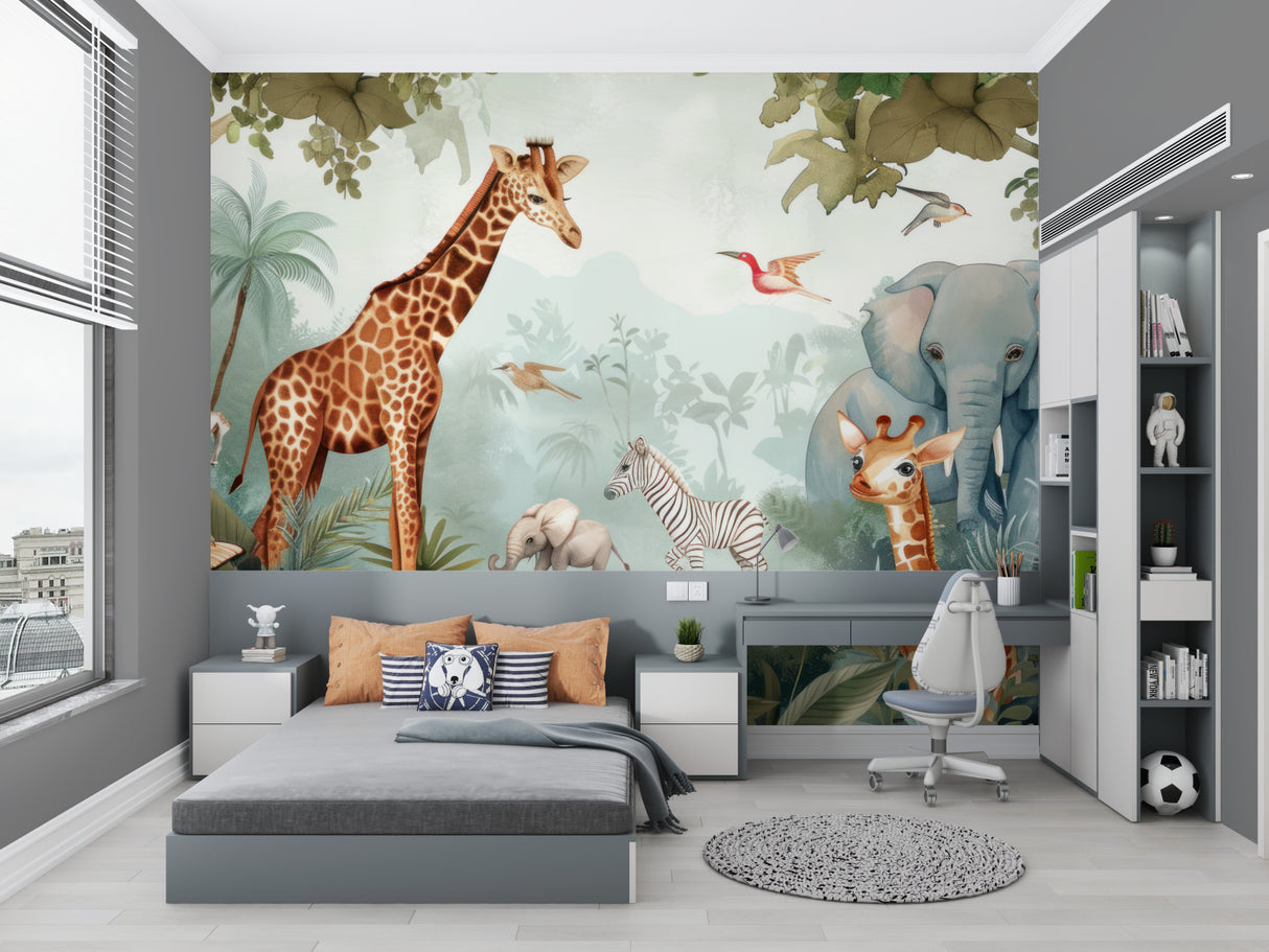 Safari animals wallpaper in toddler room with matching decor and soft lighting