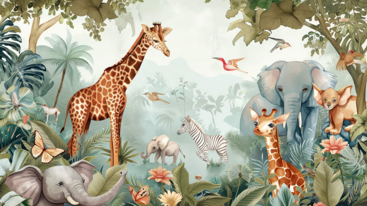 Design file of gentle safari animals wallpaper pattern showing full artwork and color detail