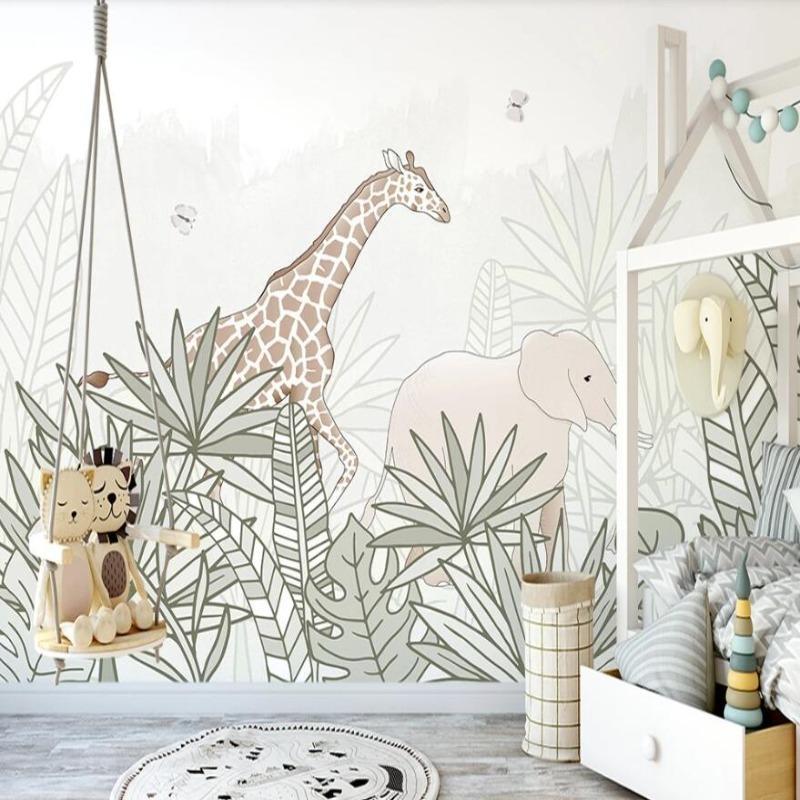 Safari animals wallpaper mural in a bright nursery with white furniture and natural decor