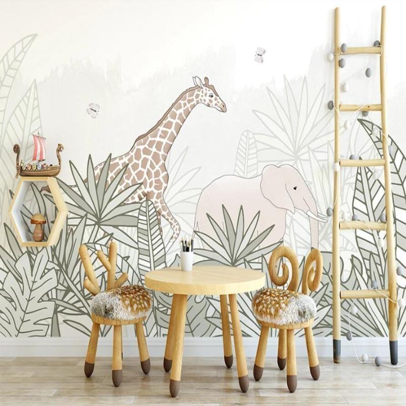Safari wall mural featuring soft-toned animals in a modern bedroom setting