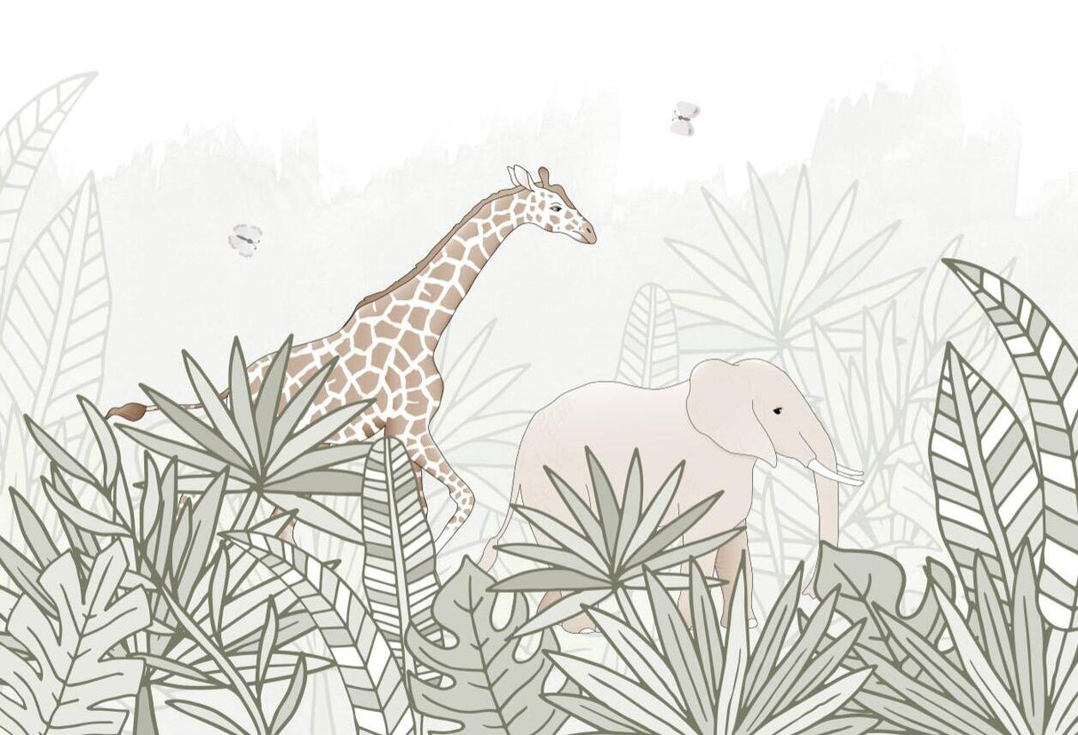 Design file showing gentle safari animals and tropical leaves pattern in beige and sage green tones