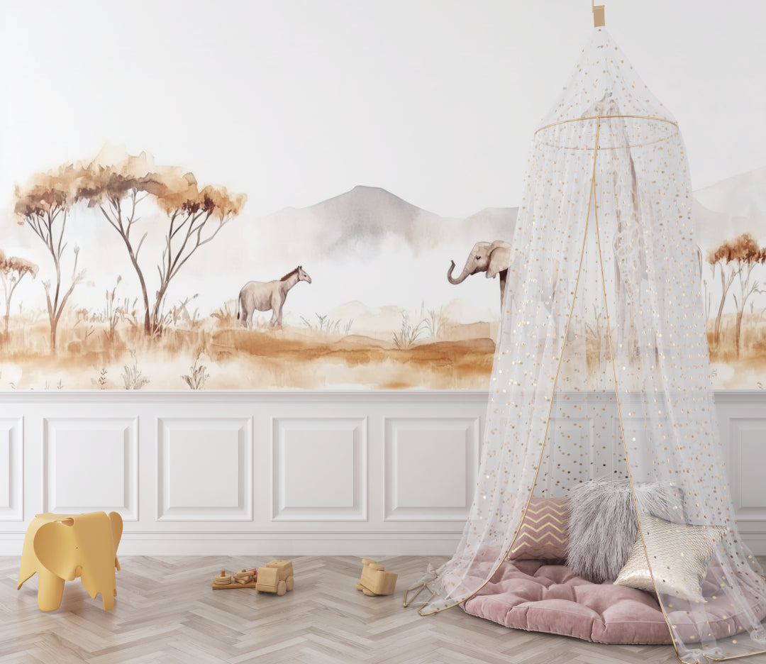 Safari animals wallpaper mural in modern nursery with white furniture and natural light