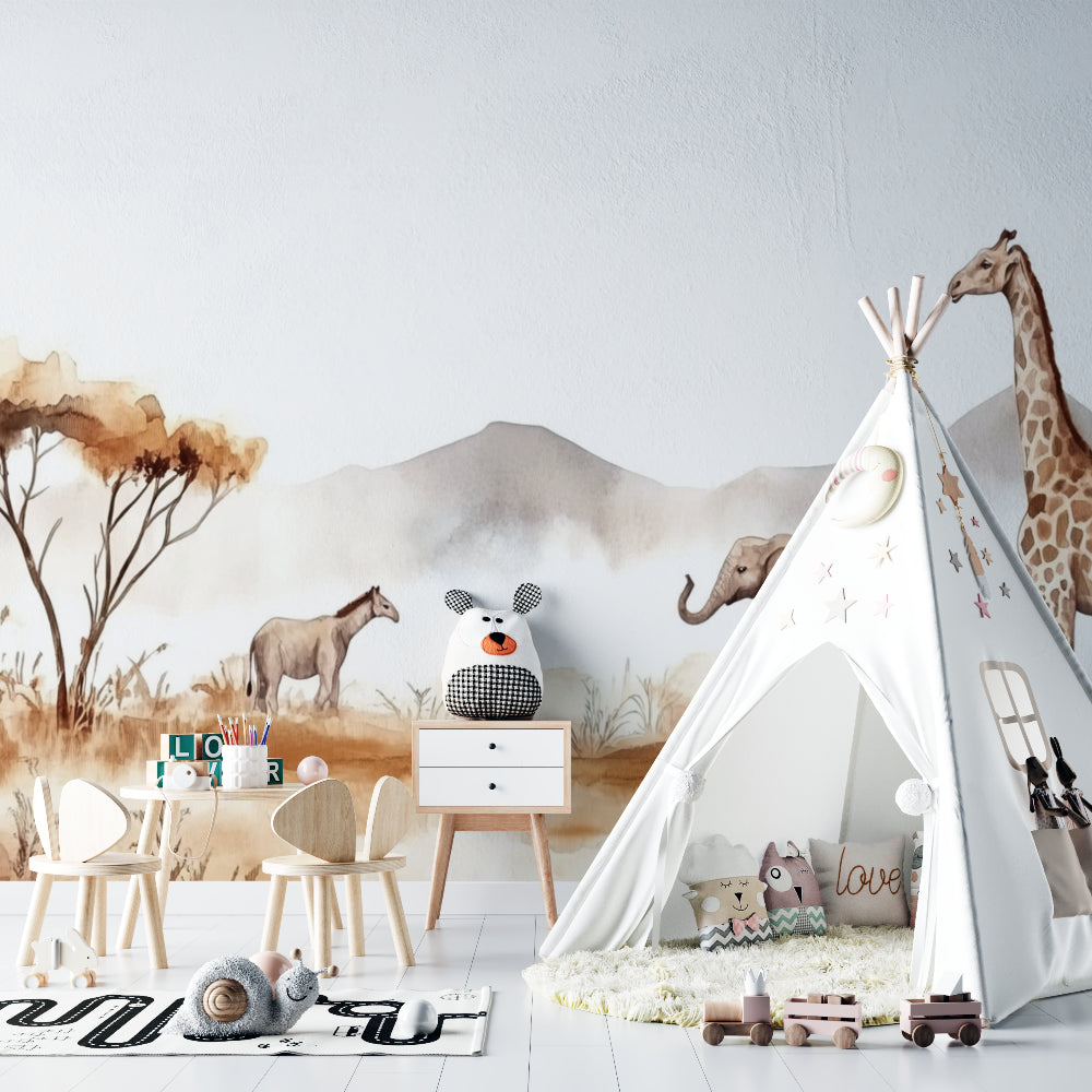 Watercolor safari wallpaper creating calm atmosphere in child's bedroom
