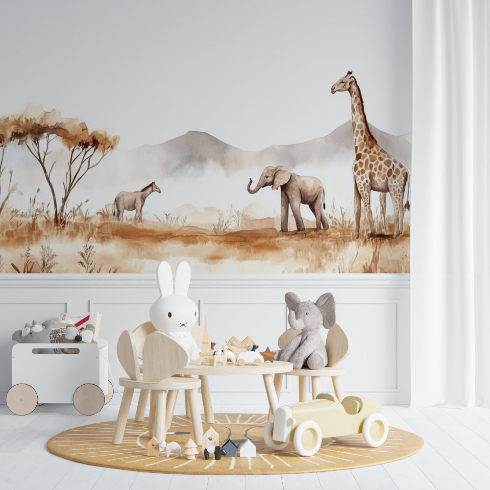 Safari themed wallpaper mural in cozy reading corner with soft lighting