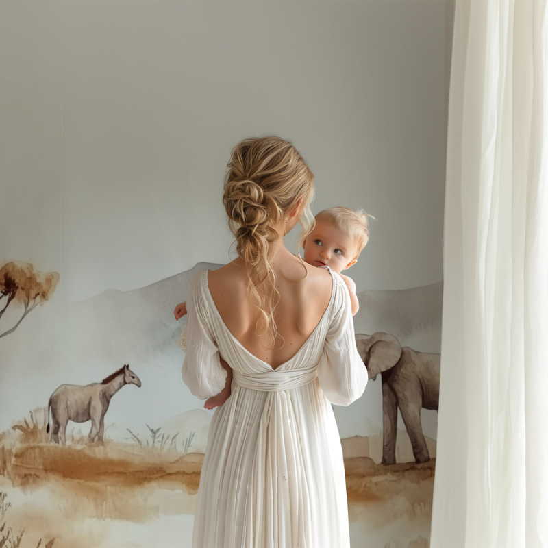 Gentle safari animals wall mural in minimalist playroom setting