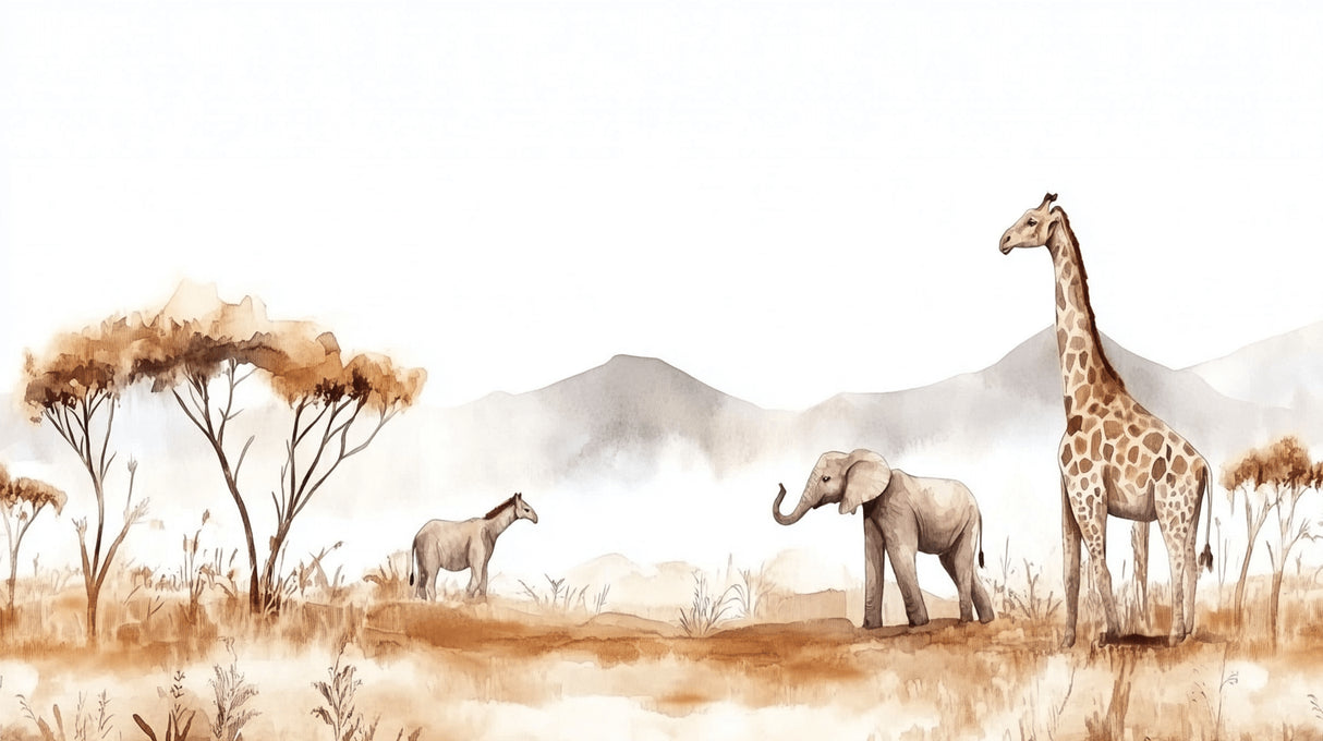Safari animals watercolor design file showing full pattern with gentle earth tones