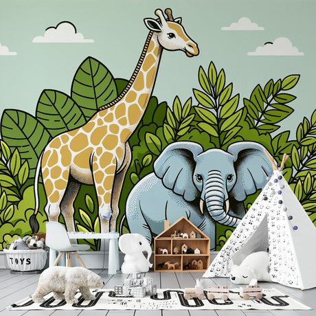 Safari animal wallpaper creating a magical atmosphere in a bright nursery with natural wood furniture